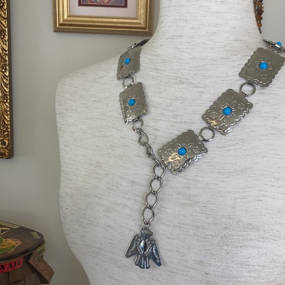 Vintage Costume Silver Tone Native American Turquoise Thunderbird Neckla… - Picture 6 of 9